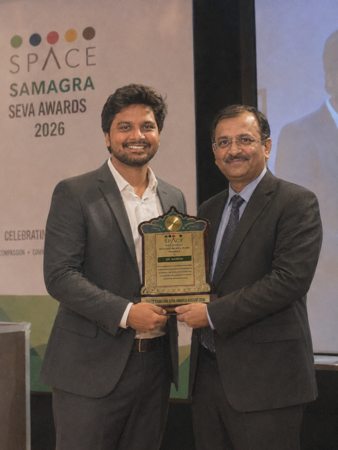 Dr. Naresh Chanchali receiving the SPACE Samagra Dhanvantari Seva Award in August 2026