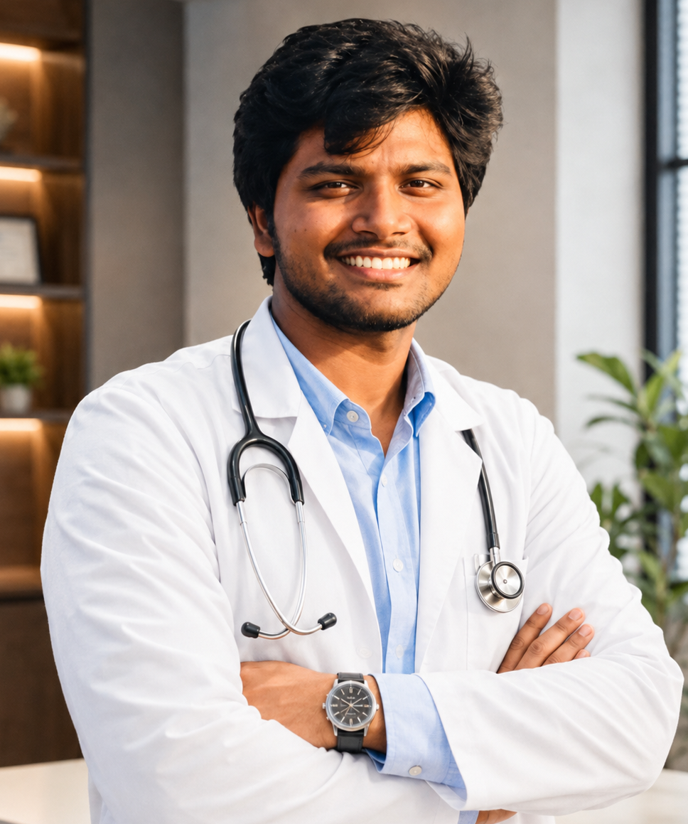 Dr. Naresh Chanchali, Consultant Family Physician, in a white coat with stethoscope